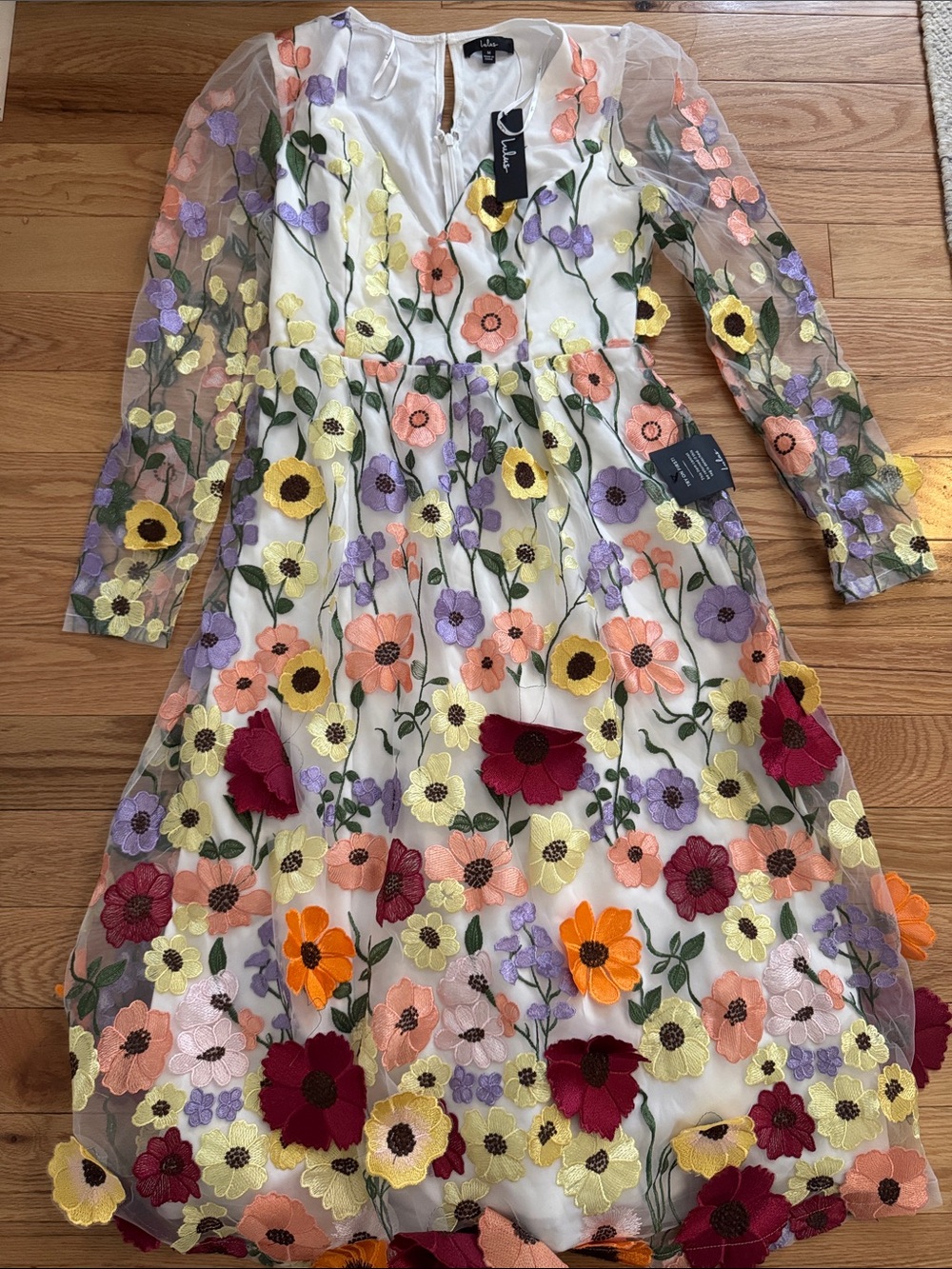Lulu's White Mesh Floral Appliqué Midi Dress with Multicolor Blooms